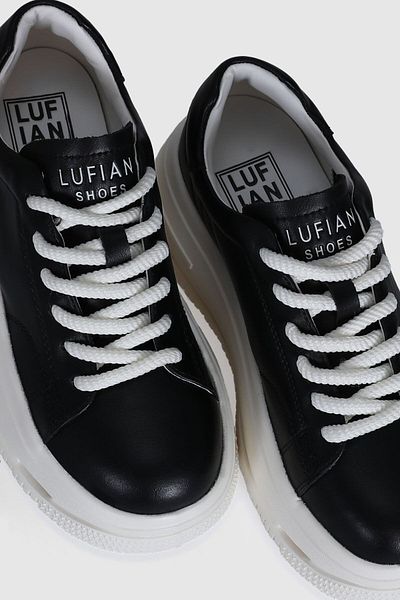 Lufian Genuine Leather Lace-Up High Sole Women's Sneaker Casual Shoes Black