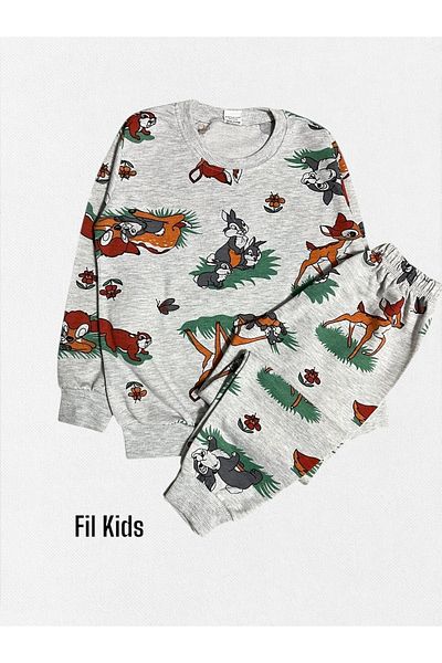Fil Kids Κοριτσίστικο 100% βαμβακερό γκρι ελάφι και χαριτωμένα κουνέλια με μοτίβο μακρυμάνικο σετ εποχιακών πιτζάμες