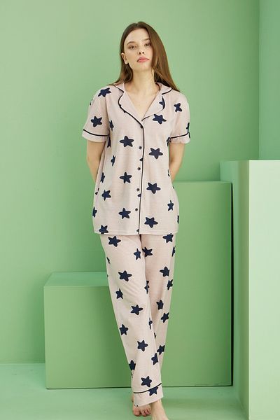 Siyah İnci Powder Navy Blue Print Short Sleeve Button Ribbed Pajamas Suit7817