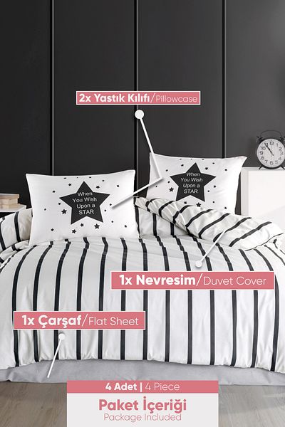 Eponj Home Σετ Παπλωματοθήκη Easy-Iron Διπλό FunnyStar Μαύρο-Λευκό