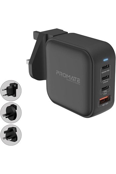 Promate 100W GaN USB-C Charger, Dual Type-C, 20W PD, 18W QC, Multi-Regional Plugs for MacBook