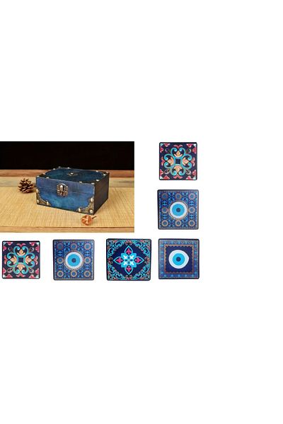Handmade Turkish Glass Tiles Printed&Heat Treated Non-removable Unbreakable,Inside Blue Wooden Box