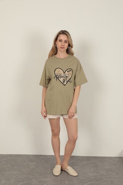 FTT SHOPPING MARKET Single Jersey Fabric Sequin Detailed Women's T-Shirt-Khaki