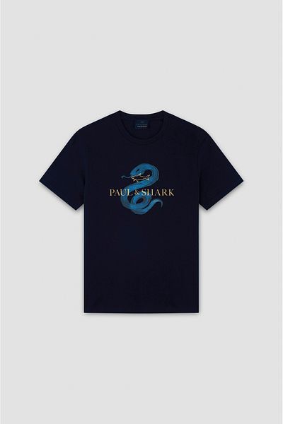 PAUL&SHARK Men's Regular Fit Snake Print Cotton Round Neck Short Sleeve Navy T-Shirt 25411102 -013