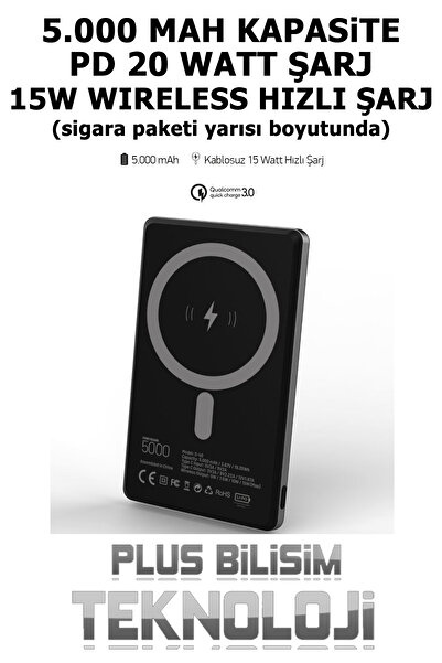 Plus Bilişim 5000 Mah. Powerbank Wireless Kablosuz Magsafe Şarj Hızlı Dual Şa...