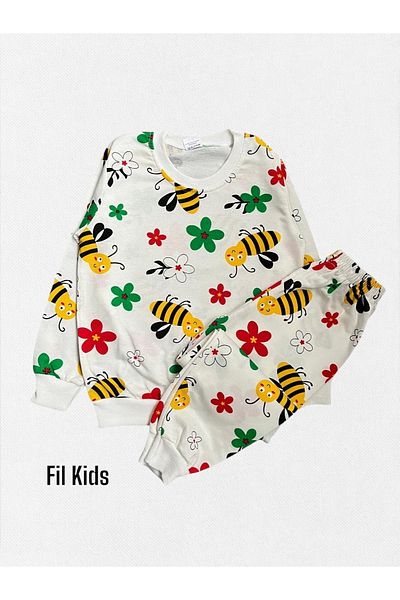 Fil Kids Set de pijamale sezoniere cu mânecă lungă, 100% bumbac, alb, cu flori de albină