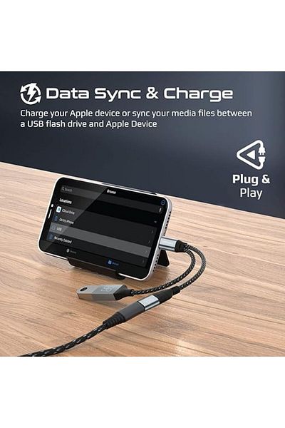 Promate OTG Data Cable, Lightning Male to USB-C Female, 12W Charging, 480Mbps, Nylon Braided