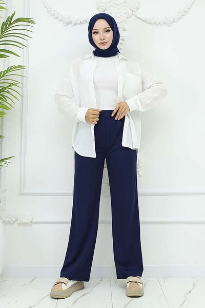 benguen Navy Blue Palazzo Fabric - Παντελόνι με φαρδύ πόδι 3044