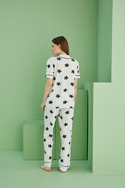 Siyah İnci beyaz siyah yıldız Desenli Kısa Kollu Düğmeli Biyeli Pijama Takım7818