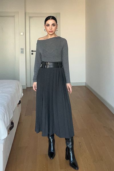 Seda Yalçın Atelier Anthracite Midi Length Belted Pleated Skirt