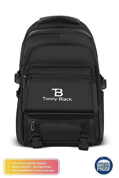 Tonny Black حقيبة مدرسية كبيرة أصلية للجنسين متعددة الأقسام ذات حجم كبير مع دعم خلفي لتقويم العظام