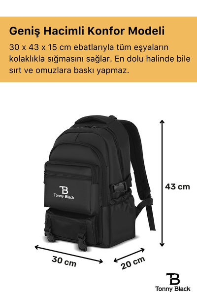 Tonny Black Original Unisex Orthopedic Multi-Compartment Large Volume High School Junior High School Large Schoolbag with Back Support