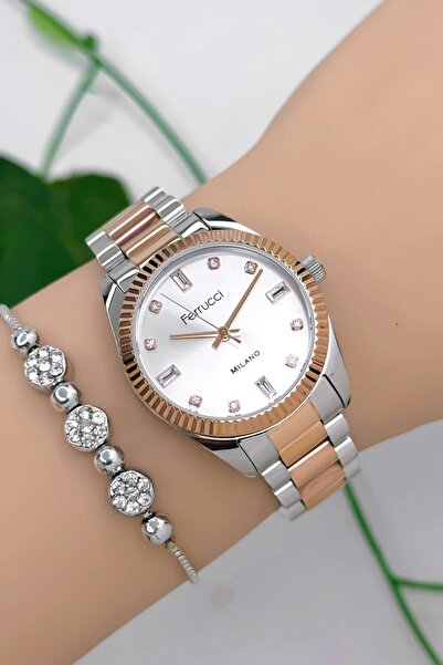 Ferrucci Steel Band Steel Case Women's Wristwatch, 3 Atm Waterproof Rose-Silver Zmfer176