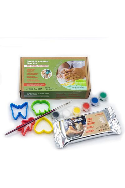 STOREMAX Natural Ceramic Clay Set, White 250 Gr Kiln-Free Clay, Molds, Brush and 6 Bo