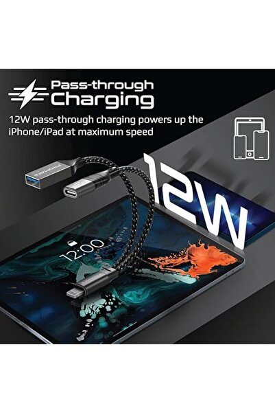 Promate كابل بيانات OTG، من Lightning Male إلى USB-C Female، شحن بقوة 12 وات، 480 ميجابت في الثانية، مضفر من النايلون