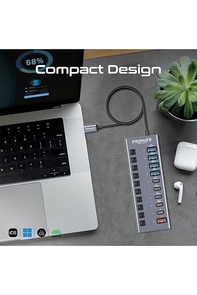 Promate موزع USB-C 10 في 1، 3 منافذ USB-C، 4 منافذ USB-A، سرعة نقل بيانات 5 جيجابت في الثانية، 20 وات PD، مفاتيح طاقة، التوصيل والتشغيل
