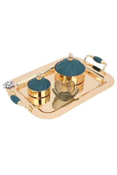 ALSAIF Steel Toferia Set 41X26X2.8 Cm 2 Dates With Blue Lid Glass Bowl 4 Pieces Gold