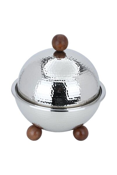 ALSAIF Steel Serving Plate 34 X 28 X 28 Cm Wooden Legs Silver