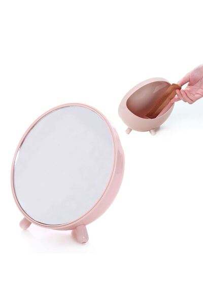 Chavin Masa Üstü Pembe Yuvarlak Plastik Arka Hazneli Masa Makyaj  Aynası cin719pm