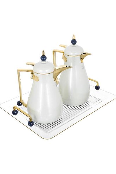ALSAIF Crystal Steel Thermos Set 0.75 / 1 Liter 2 Pieces Tofaria Pearl Gold
