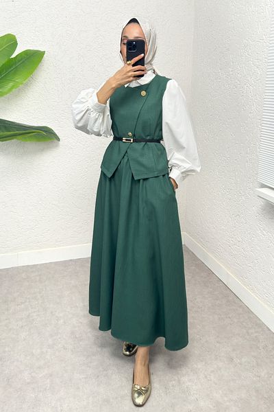 Salih Çelebi Dark Green Belted Vest and Skirt Set - 2245