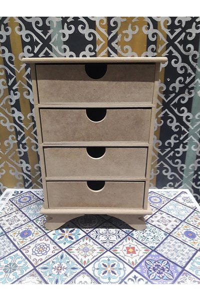 Altınyapı Hobi Market Multi-Purpose Raw Mdf Macajas Box with 4 Drawers and Feet