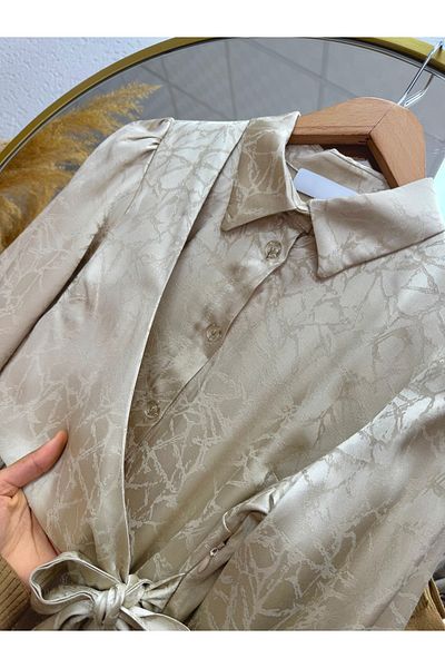 Ebrar Store Stone Color Nurgul Print Half-Bolero Dress - Ge751