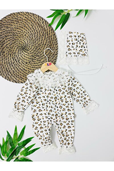 Laos Fisto Detaylı Leopar Desen Arkadan Çıtçıtlı Mevsimlik Tulum Set - Beyaz