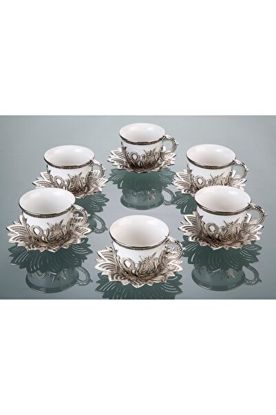 BUSEM Ahsen Lale Desenli 6 Kişilik Türk Kahve Seti 18 Parça Gümüş Renkli