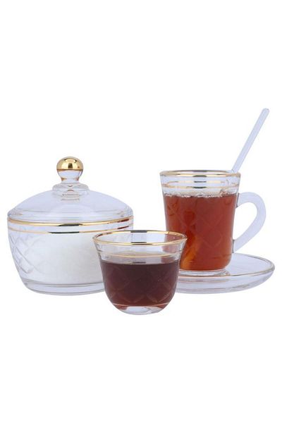 ALSAIF Glass Tea And Coffee Serving Set Gold 26 Pieces Transparent