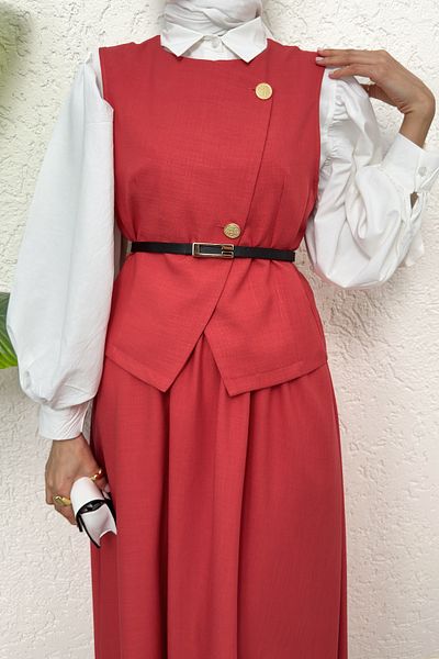 Salih Çelebi Red Belted Vest and Skirt Set - 2245