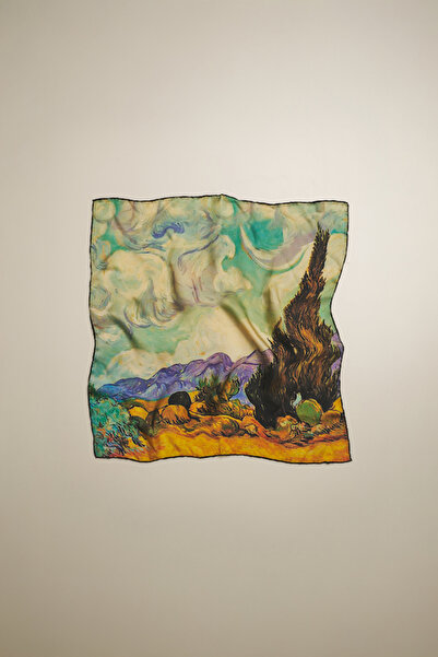 silqoora %100 Ipek Bandana Fular(55X55 CM) - Vincent Van Gogh (BUĞDAY TARLASI...
