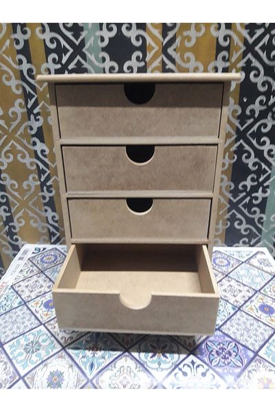 Altınyapı Hobi Market Multi-Purpose Raw Mdf Macajas Box with 4 Drawers and Feet