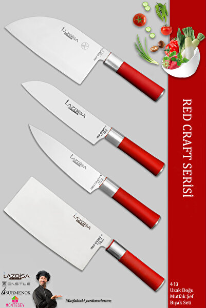 LAZBİSA Red Craft Serisi Mutfak Şef Bıçak Seti Et Ekmek Sebze Bıçağı 4 Lü Set...