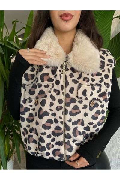 MODA A Quality Vest with Leopard Collar Fur