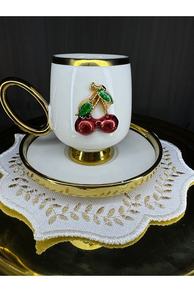EŞİYOK Special Design Cherry Patterned Coffee Cup with Gold Detail