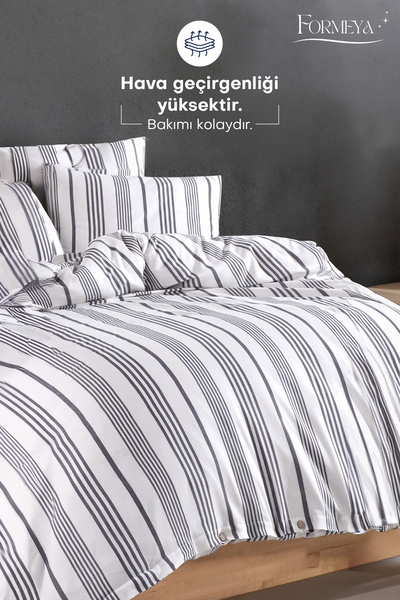 Formeya Striped Buttoned Double Duvet Cover Set (Including Fitted Sheet) Modern Cotton Comfort