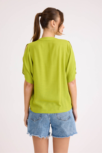 Vitrin Judge Collar Sleeve Detailed Linen Blouse