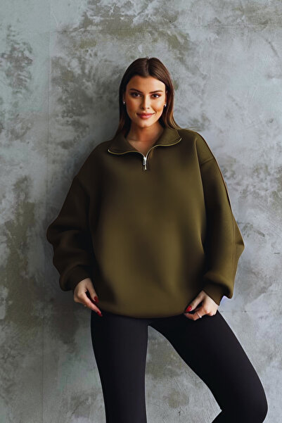 YAKAMEL Unisex 3 İplik Oversize Şardonlu Yarım Fermuarlı Swetshirt