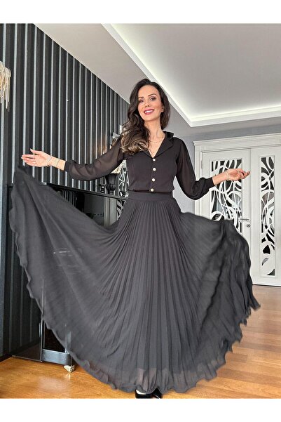 Atelier Derin Μαύρη Σιφόν Πλισέ Μάξι Φούστα