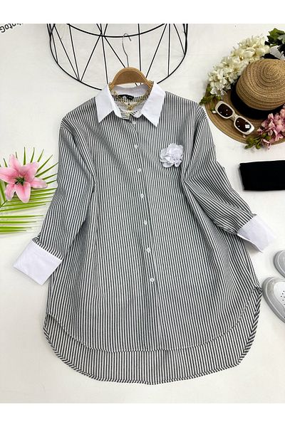 YEDİLALE Striped Shirt with Rose Brooch