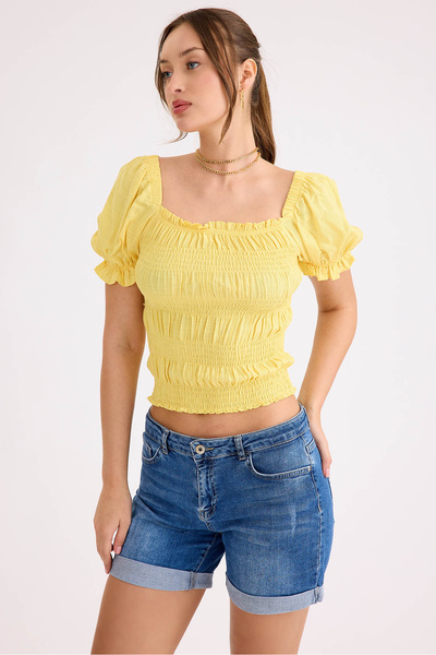 Vitrin Square Neck Viscose Linen Crop Blouse