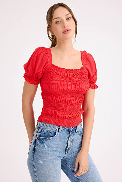 Vitrin Square Neck Viscose Linen Crop Blouse