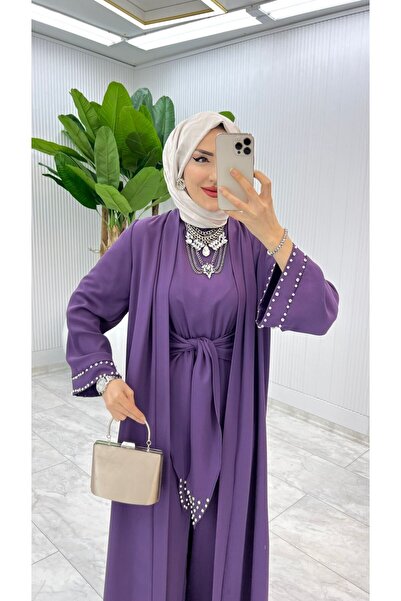 FIRSTESLEM İncili Tulum ve Abayalı Dubai Krep Kadın Şık tulumlu Abaya takımı