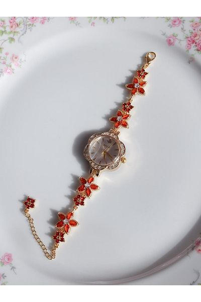 Reorah Collection Fall in Istanbul Clock - Orange Flower Clock with Zircon Stones