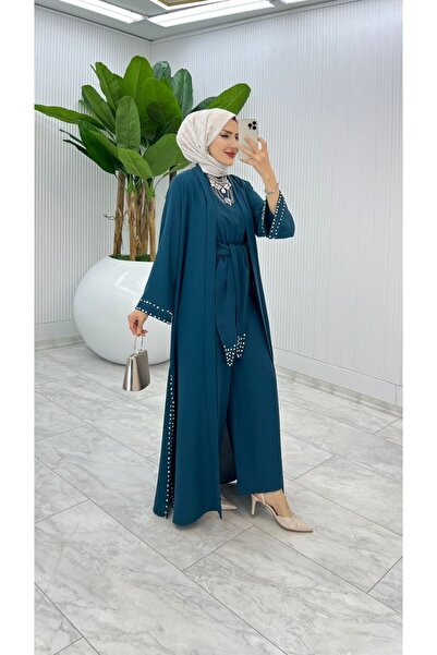 FIRSTESLEM İncili Tulum ve Abayalı Dubai Krep Kadın Şık tulumlu Abaya takımı