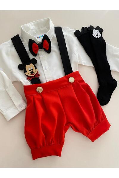 tubibebe 4'lü Mickey Mouse Konsept Şort Salopet + Gömlek + Papyon +Çorap Takım