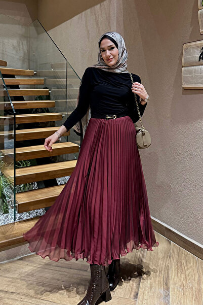 LOCCO Women's Zipper Detailed Pleated Skirt Burgundy