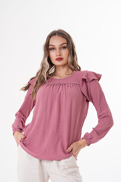 ŞİMAL Women's Front Lace Sleeve Ruffle Detailed Blouse 250197 -