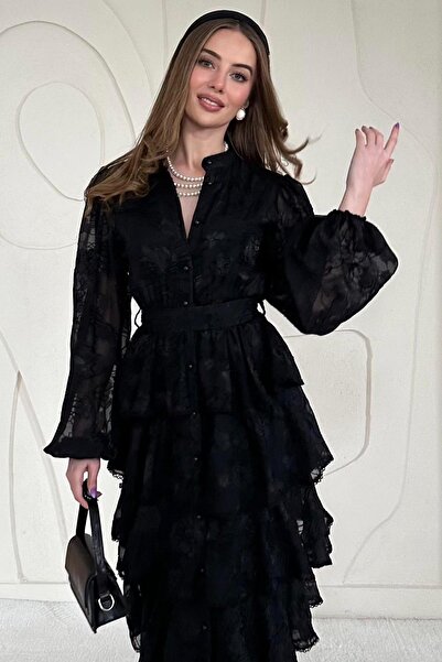 Elbee Fashion Woman Μαύρο φόρεμα δαπέδου Valon ριγέ